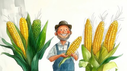 A joyful farmer holding freshly harvested corn, illustrating the connection to agriculture and the rewards of hard work in a vibrant rural setting filled with lush greenery.