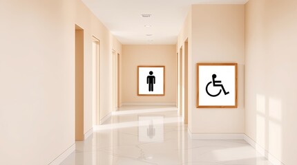 Fototapeta premium A well lit corridor displays bathroom access signs clearly