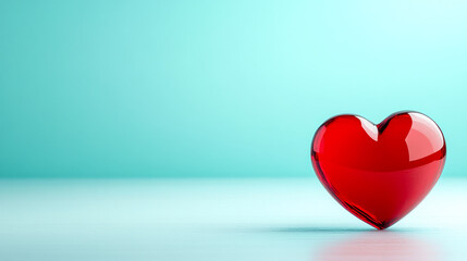 A glossy red heart sits on a soft blue background, symbolizing love and affection in a minimalist design.