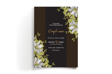WEDDING INVITATION FRAME WITH FLOWER DECORATIONS AND FRESH LEAVES