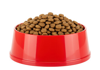 A full red bowl filled with round brown dry dog food pellets isolated on transparent background