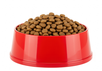 A full red bowl filled with round brown dry dog food pellets isolated on transparent background