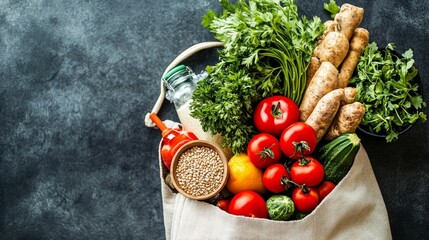 A visually appealing healthy grocery shopping haul with fresh produce, whole grains, and lean proteins, in an eco-friendly tote bag,