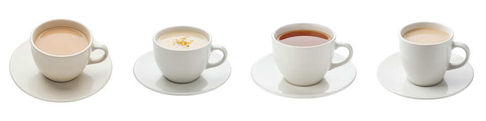 Four warm beverages in white mugs.