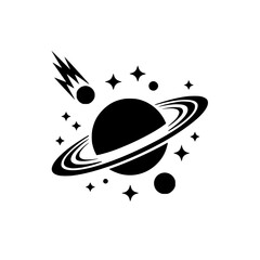 Minimalist Black & White Space Illustration: Planets, Comet, Stars, and Outer Space Elements.
