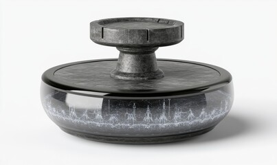 Ancient stone fountain with intricate wave patterns on a white background