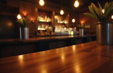 Wooden countertop with soft lighting and a blurred bar background.