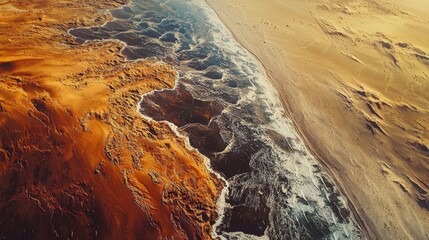 Aerial View of Ocean Waves Meeting Sandy Beach at Sunset
