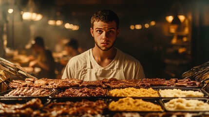 Witness the intense focus of a young chef amidst a stunning culinary spread, showcasing an array of meats and sides that epitomize the passion and artistry of gastronomy.