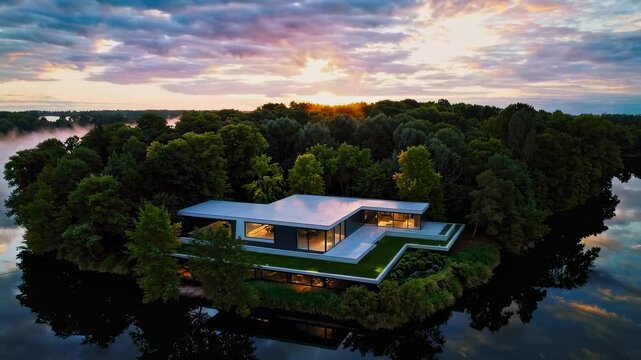 Villa contemporaine au c&oelig;ur d&rsquo;une &icirc;le bois&eacute;e, prise de vue drone au lever du soleil avec brume l&eacute;g&egrave;re, reflets color&eacute;s sur l&rsquo;eau et ciel pastel &ndash; immobilier de luxe isol&eacute;