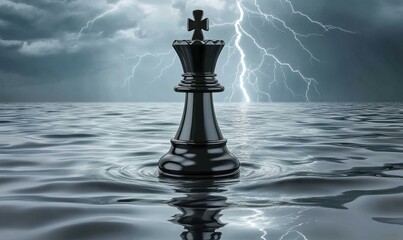 Naklejka premium Black chess king in stormy sea, lightning background, strategy concept