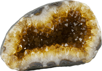 Radiant citrine geode with golden-yellow crystals and a rough outer shell. Its sparkling facets reflect light beautifully, making it ideal for décor, collecting, or metaphysical healing