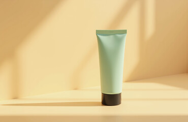 Pale green tube with black cap on warm beige background.