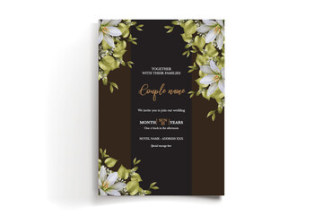 WEDDING INVITATION FRAME WITH FLOWER DECORATIONS AND FRESH LEAVES