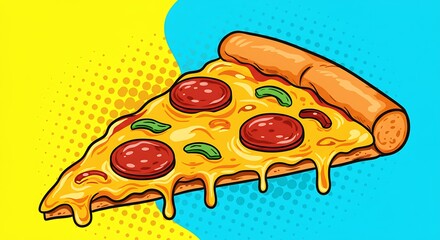 Melting Cheese Pepperoni Pizza Slice with Blue Background
