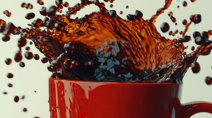 This stunning image captures the energetic splash of dark coffee from a bright red mug, symbolizing excitement, creativity, and the simple pleasures of daily rituals.