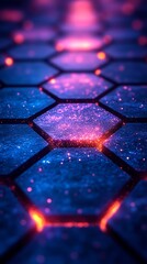 Futuristic Hexagonal Pattern with Vibrant Blue and Purple Hues, Glowing Cracks, and Starry Texture