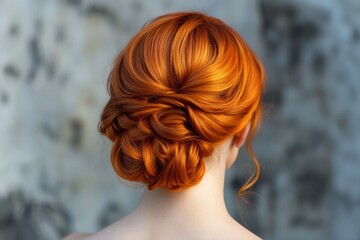 Elegant braided updo on caucasian female with vibrant red hair