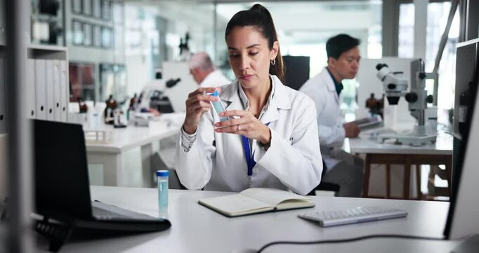 Woman, scientist and writing with book, sample and progress report with notes, stats and planning. Person, notebook and test tube with liquid, chemical and medical research for pharmaceutical study