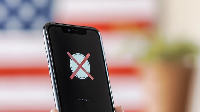 USA social media ban concept showcasing a smartphone with a prohibited symbol on the screen against an American flag backdrop - Powered by Adobe