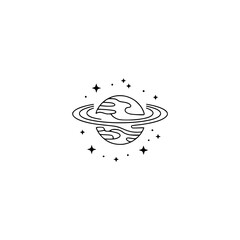 Minimalist Planet & Stars Illustration: Line Art Design on White