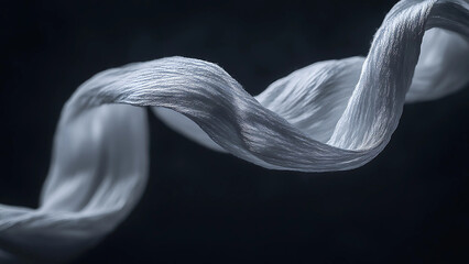 White Fibrous Material Twisted Intricately Against a Dark Background in a Detailed Close-Up Perspective