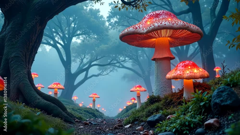 Poster glowing mushrooms illuminate a mystical forest path in the twilight