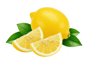 A whole fresh yellow lemon with lemon half and a quarter slice isolated on transparent background