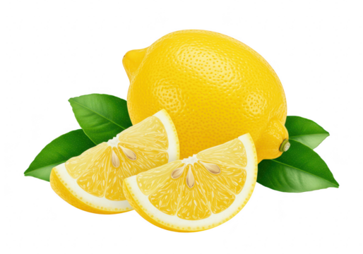 A whole fresh yellow lemon with lemon half and a quarter slice isolated on transparent background