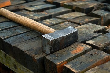 Close-Up of Hammer on Wood Logs in Rustic Workshop Setting