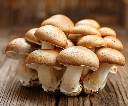 Fresh raw brown poplar mushrooms or velvet pioppini mushrooms on dark wood closeup