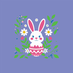 Fototapeta premium Cute Easter Bunny hiding in an Egg, Surrounded by Flowers minimalist style