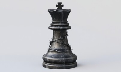 Fototapeta premium Black queen chess piece wrapped in thorns on white background, strategy concept