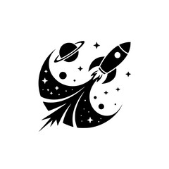 Black & White Rocket Launch Into Space Illustration - Vector Design