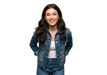 Fototapeta premium A young woman with long wavy dark hair wearing a denim jacket and jeans isolated on transparent background