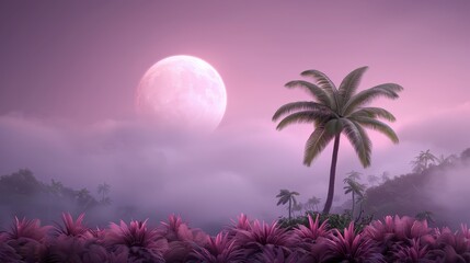 Silhouette of coconut tree against vibrant pink tropical sunset sky