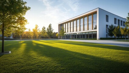 Fototapeta premium Modern building in a park-like setting at sunset