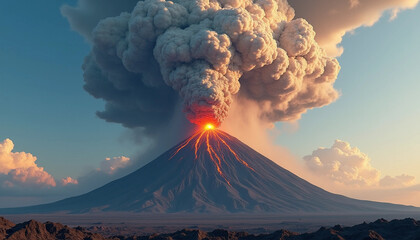 Natural disasters design. Volcanic eruption with ash plume and lava under blue sky. 