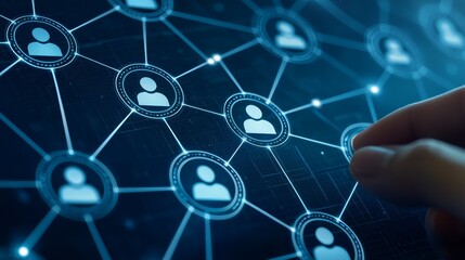 Hand touching network of digital connections symbolizing global social media interaction on dark background