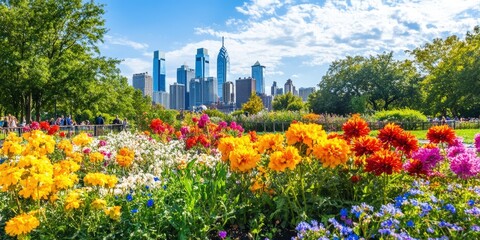 Philadelphia skyline with vibrant flowers in the foreground at a park