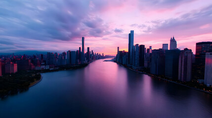 Obraz premium Aerial View of City Skyline at Sunset with Pink and Purple Sky