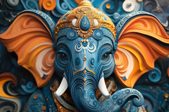 An ornate blue and orange elephant head facing forward