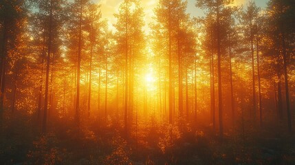 Fototapeta premium Golden Hour in the Pine Forest: A Serene Sunset Landscape