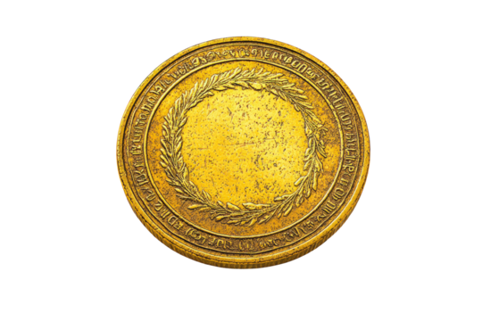 Antique gold coin with wreath, isolated transparent background, blank center for text