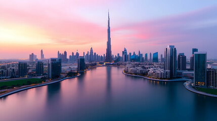 Fototapeta premium Aerial View of Dubai City Skyline at Twilight