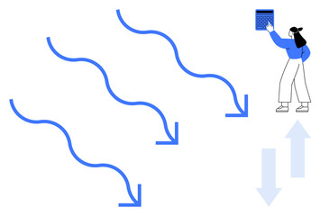 Woman interacting with tablet as curved arrows moving down symbolize data flow or trends. Ideal for analytics, statistics, performance, workflow, decision-making, progress, abstract interpretation