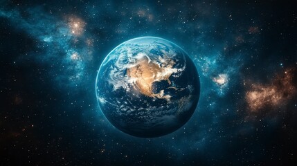 Obraz premium Earth view from space with detailed continents surrounded by swirling galaxies