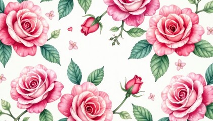 Delicate watercolor roses repeat in a soft, romantic pattern , fabric, wallpaper