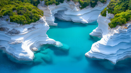 Aerial View of White Cliffs and Turquoise Sea in Corfu