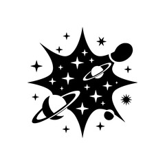 Black & White Space Burst Illustration: Planets & Stars in Vector Style